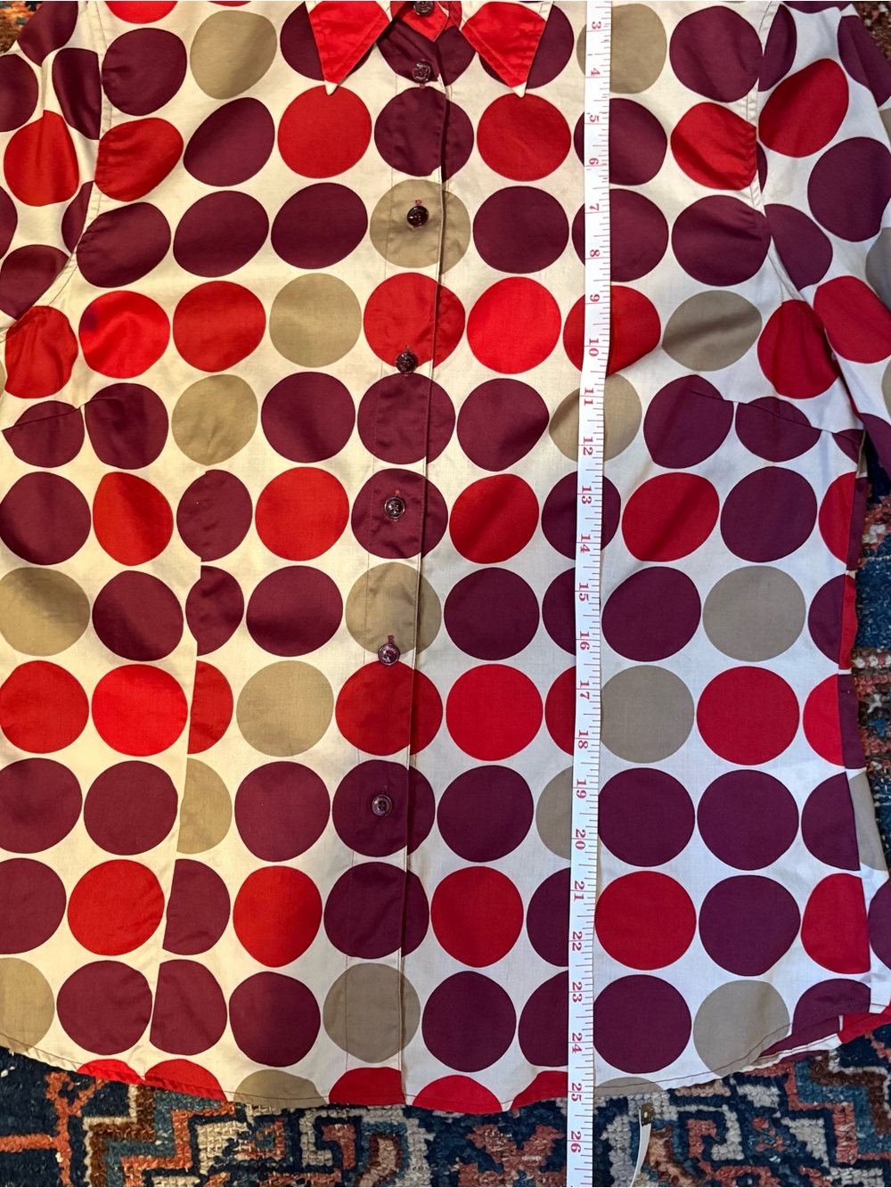 Escada Sport Red Burgundy Tan Polka Dot Button-Down Shirt - Picture 9 of 10
